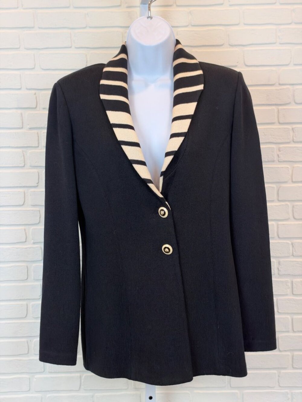 Vintage St. John Collection Santana Knit Blazer Black Striped Collar 6
